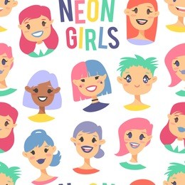 seamless pattern with holopunk girl avatar with nice facial expressions. cartoon style emotion icon. actual flat illustration women's emotional face. hand drawn vector neon teens emoticon