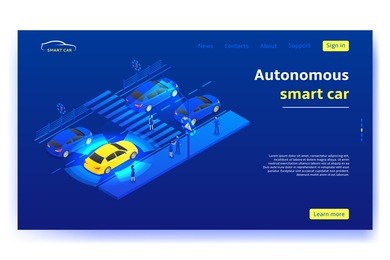 autonomous smart car concept banner. smart car scans road, signs, objects and crosswalk in the city. vector illustration.