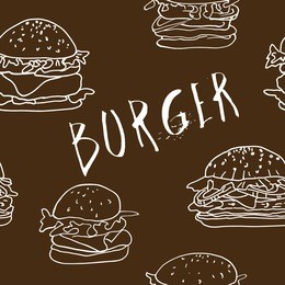 seamless pattern of burgers and lettering. burger background painted in hands.