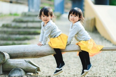twins playing in the park's seesaw
