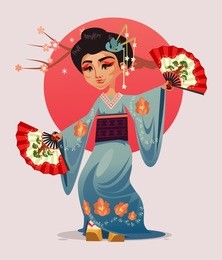 japanese geisha girl woman character dancing with fans. vector flat cartoon illustration