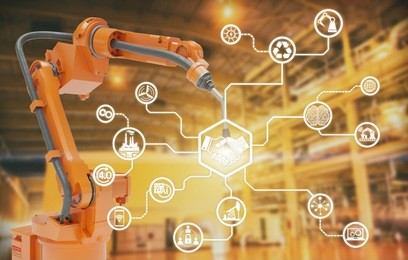 heavy automation robot arm machine in smart factory industrial,industry 4.0 concept image. 