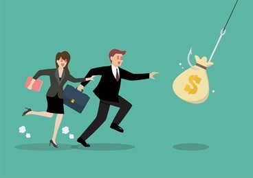businessman and woman try to pick money bag from hook trap. money as trap business concept