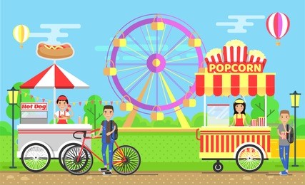 street food carts with vendors in amusement park. hot dogs and crispy popcorn trolleys near ferris wheel cartoon vector illustration, mobile van shops