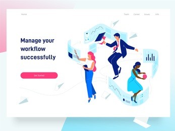 people flying and interacting with graphs and papers. business and workflow management. landing page template, vector isometric illustration.