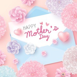 happy mothers day message on white paper in envelope and flowers with heart vector illustration