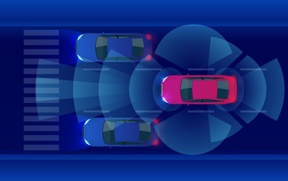 smart car hud, autonomous self-driving mode vehicle on metro city road iot concept with graphic sensor radar signal system and internet sensor connect.