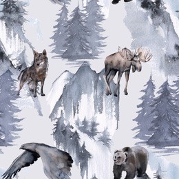 background with an eagle, a bear, an elk and a wolf. seamless pattern. watercolor illustration