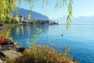 the main embankment of the lake geneva, the famous spa town of montreux, switzerland