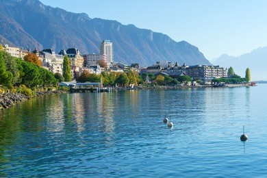 the main embankment of the lake geneva, the famous spa town of montreux, switzerland