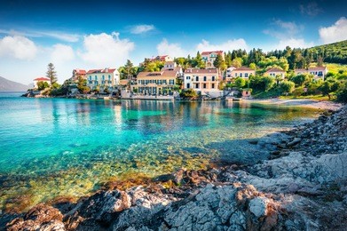 impressive spring view of zavalata beach, fiskardo village. captivating morning seascape of ionian sea. marvelous outdoor scene of kefalonia island, greece, europe. traveling concept background.