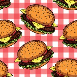 vector colorful seamless pattern of a delicious fresh american burger with cheese, tomatoes, salad and meat over the table clothes background. print design doodle style fast food