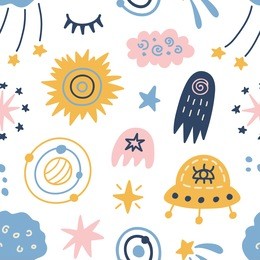 space galaxy childish seamless pattern with ufo, stars, comets, cosmic elements. creative scandinavian nursery background for kids apparel, textile, fabric, wrapping paper, wallpaper. nordic style.