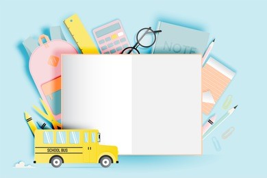 various stationery for back to school in paper art style with pastel color vector illustration