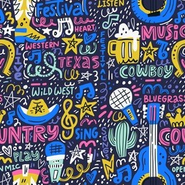 handdrawn seamless pattern with various country music symbols - american national tradition.