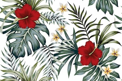 tropical vintage hibiscus plumeria floral green leaves seamless pattern white background. exotic wallpaper