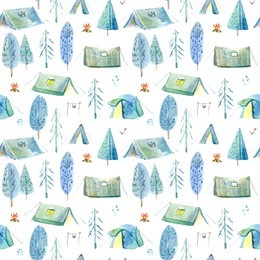 seamless pattern of a camping in the woods.tent, trees, bonfire, plants and floral.landscape tourism.watercolor hand drawn illustration.white background.