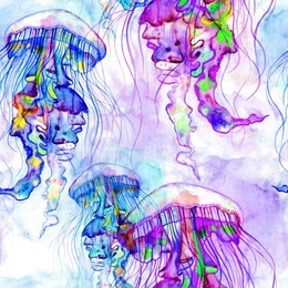 hand drawn jellyfish texture. raster hand drawn watercolor seamless pattern. sea collection.