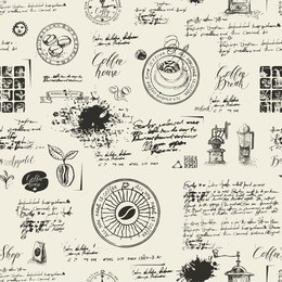 vector seamless pattern on the coffee theme with a various coffee symbols, blots and inscriptions on a background of old manuscript in retro style. can be used as wallpaper or wrapping paper