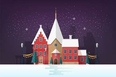 winter cityscape or urban landscape in snowy evening with antique buildings and holiday street decorations. old city or town in new year or christmas eve. colorful illustration in flat style