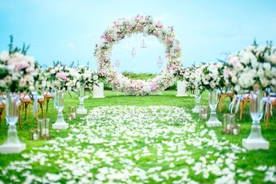 romantic wedding ceremony on the lawn sea view.