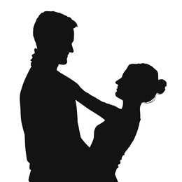 vector black silhouette of happy couple isolated on white background