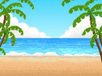 retro pixel 8 bit background. beach, palm