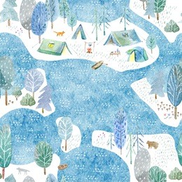 seamless pattern of a camping in the woods and lake.tent, trees, bonfire, plants,boat
 and floral.landscape tourism.watercolor hand drawn illustration.white background.