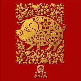 happy chinese new year 2019 zodiac sign year of the pig with gold paper cut art and craft style on color background.