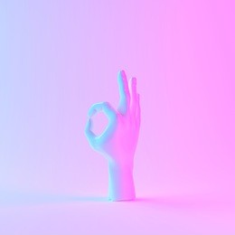 holographic hand sculpture, minimal holographic art, 3d illustration.