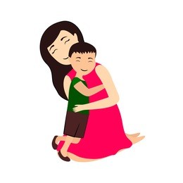 vector illustration, isolated, mom with son in arms hugging