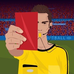 close up of soccer referee whistling and holding red card. football field and spectators area on background. removal player concept. realistic cartoon style. vector illustration