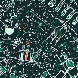 old chemistry laboratory seamless pattern on dark green school board. vector background