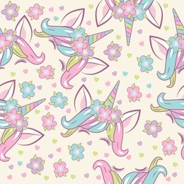 seamless pattern with head of unicorn on beige background