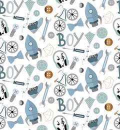 seamless pattern with boys doodles, rocket, bicycle, sneakers etc. vector illustartion, can be used for design of wrapping paper, greeting cards, textile.