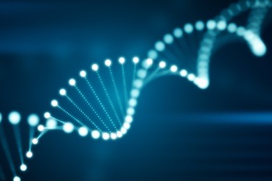 3d illustration of rotating dna glowing molecule on blue background