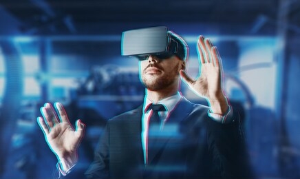 business, augmented reality and technology concept - businessman in virtual headset over abstract background