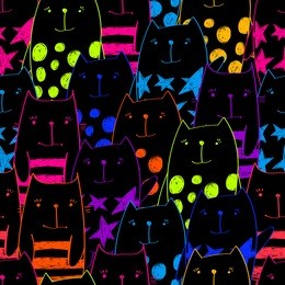 abstract seamless cats pattern with lines, stars, dots. cartoon style kitty repeated backdrop for child, textile, clothes, wrapping paper. funny pet animal character drawing in bright neon colors. 