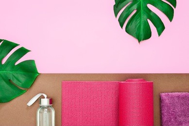 yoga or fitness summer leaflet template, flat lay composition with a space for a text