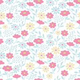 cute abstract seamless pattern with  small blue,yellow chamomile,pink flowers on  white background. summer floral vector illustration.template for fashion prints, textile,fabric, wrapping gift paper
