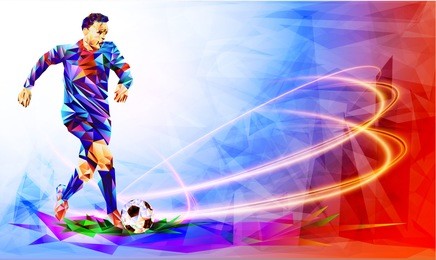 soccer player against the background of the stadium fifa world cup. football player in russia 2018. fool color vector illustration in triangular style isolated on white background.