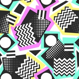 memphis style hand drawn textured seamless pattern.retro flavour trendy geometric elements painted with colorful ink brush strokes.