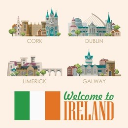 ireland vector illustration with landmarks and irish castle. colorful travel template.