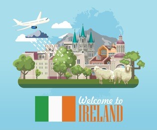 ireland vector illustration with landmarks and irish castle. colorful travel template.