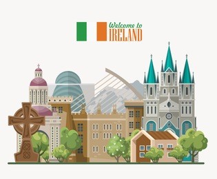 ireland vector illustration with landmarks and irish castle. colorful travel template.