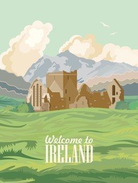 ireland vector illustration with landmarks and irish castle. colorful travel template.
