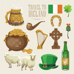ireland vector illustration with landmarks and irish castle. colorful travel template.
