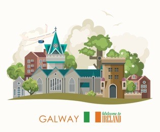 galway city. ireland vector illustration with landmarks and irish castle. colorful travel template.