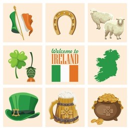ireland vector illustration with landmarks and irish castle. colorful travel template.