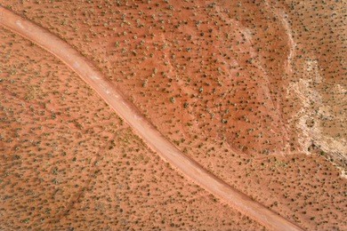 desert road in moab area, utah - aerial view